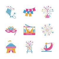 Kite, confetti, camping, darts, event mask, stage and ornament icon set. Festival and event icon set. Colorful icon set. vector