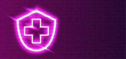 Health icon type with LED red-violet super bright neon shield. Health protection with realistic neon security shield. Antivirus security. Security shield night show on the wall. Wall Background.