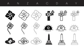 Anzac day designs icon set. Poppy, memorial, army cap, badge icon set, editable line. vector