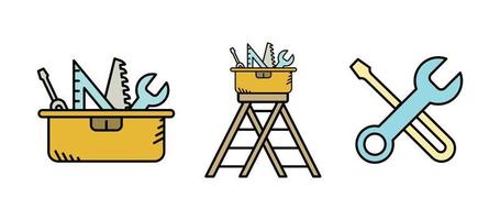 Ladder, toolbox and screwdriver icon set. Repair Related Vector Line Icons Simple Set. Contains such Symbols as Screwdriver, Engineer, Technical Support and more. Set of colorful icons.
