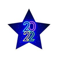 Diseño de estrella de neón de año nuevo 2022. la figura entre las estrellas. cantidad de diseños diferentes con led de neón 2022. números de neón realistas. aislado sobre fondo blanco. vector