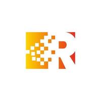 Colorful letter R fast pixel dots logo. Pixel art with letter R. Integrative pixel movement. Creative dissolved and dispersed moving dot art. vector