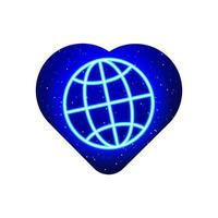 icono de internet del mundo azul neón. icono de internet de la línea del cielo realista. icono de viajero del mundo en el corazón de neón. aislado sobre fondo blanco. vector