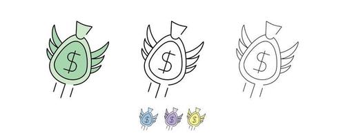 Wing bag set in different colors and different thickness. Money bag line icons set vector illustration. Modern line art.