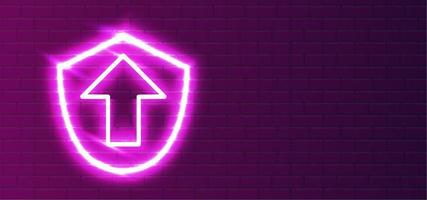 LED red-violet super bright neon security shield upgrade icon type. Read realistic neon security shield. Trench security upgrade. Security shield night show on the wall. Wall Background. vector