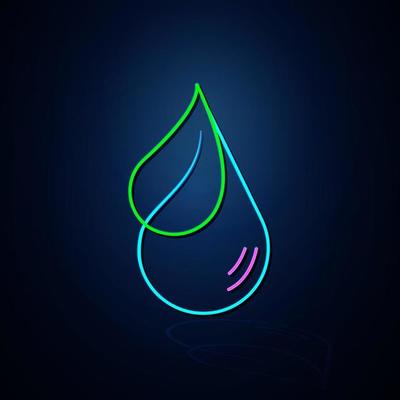 Neon water drop and leaf icon looks clear. Neon line icon. vegan and liquid icon. Neon icon.
