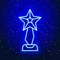 Neon luminous star trophy design. Linear achievement medal cup design. Gift medal with neon star in space Unique and realistic neon icon. Linear icon on blue background. vector