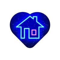 Neon blue family house icon. Realistic neon pink shuttered house icon. Night show in neon heart. Isolated On White Background. vector