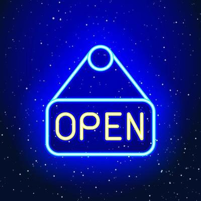 Open text signage icon design with neon blue hanger. Open shop and signage. Rope hanging signboard sign. Unique and realistic neon icon. Linear icon on blue background.