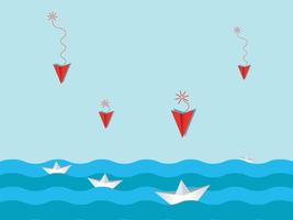 Paper planes dive kamikaze into cartons in the middle of the sea. Vector illustration of old military planes and planes of kamikaze. Creative idea symbol paper art style illustration.