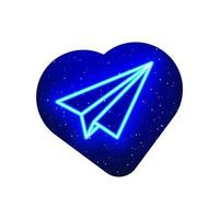 Paper airplane icon in neon blue heart. Realistic neon origami airplane line icon. Simple airplane inside neon heart. Isolated On White Background.