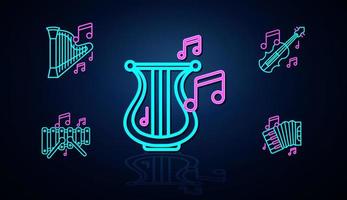 Neon big gong, percussion, bar chimes, harp instrument, accordion and sheet music icon set looks clear. Neon line icon set. Entertainment and percussion-string instruments icon. Neon icon set. vector
