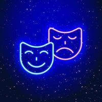 Neon light theater facial expression design. Linear smiley-crying design. Neon theater faces in space. Unique and realistic neon icon. Linear icon on blue background.