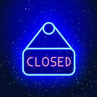Closed text signage icon design with neon blue hanger. Closed shop and signage. Rope hanging signboard sign. Unique and realistic neon icon. Linear icon on blue background.