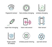 Phone sensors and fast charging and wireless charging icon set. vector