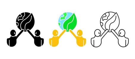 Two people holding earth and leaf icon. Man and plant in the world. save nature, World Population Day, Ecology and Earth day concept. Editable row set. Colored, linear, silhouette icon set. Logo-web. vector