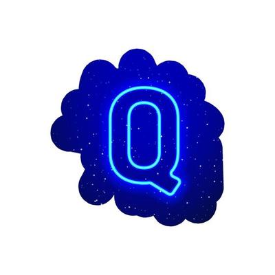 LED blue glow neon font. Realistic neon explosion. Letter Q Alphabet of night show among the stars. Vector illustration uppercase font. 3d Render Isolated On White Background.