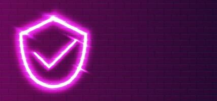 LED red-violet super bright neon shield. Approved protection with realistic neon security shield. Antivirus security. Security shield night show on the wall. Wall Background. vector