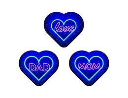 Neon pink and blue heart dad, mom, love lettering icon type. Father's day icon. Midnight blue. Realistic neon icon. Neon heart and love symbol icon night show. Isolated On White Background. vector