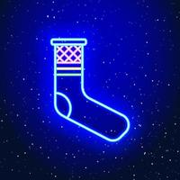 diseño de letreros de calcetín navideño con neón espacial. diseño lineal de calcetines modernos. signo de navidad galaxia. icono de neón único y realista. icono lineal sobre fondo azul. vector