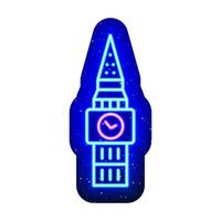Blue neon england clock tower icon. Midnight blue. Neon clock tower and annex architectural design. Realistic neon icon. There is mask area on White Background.