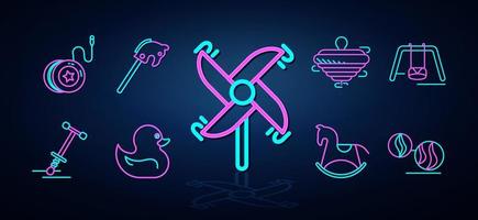 Neon toy. Light neon rocking horse-donkey, yoyo, windmill hand, swing toy icon set looks clear. Neon rocking horse-donkey line icon set. Fun and play light icon. Children's toy set. symbol. Neon line. vector