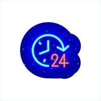 Neon clock icon and 24 hour icon type. Shop, business and open place neon. Midnight blue. Realistic neon icon. Neon clock timing symbol icon night show. Isolated On White Background. vector