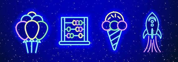 Neon balloon, ice cream, abacus and spacecraft linear kids set. Colorful game set. Blue, pink and yellow game design. Modern linear glow neon. vector