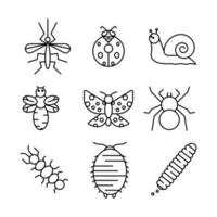 conjunto de iconos de insectos. mariposa, abeja, caracol, mariquita, mosquito y conjunto de iconos de insectos similares. listo para mi concepto de insecto y familia voladora. conjunto de iconos lineales. vector