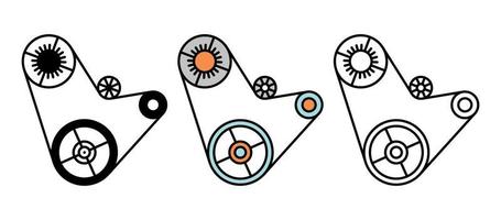 Vehicles engine belt and pulley parts icon set.