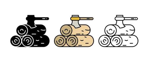 Ax icon set stuck in tree stumps. Thin line icons of wood production process. Manufacturing icon set. Silhouette, colorful and linear set. vector