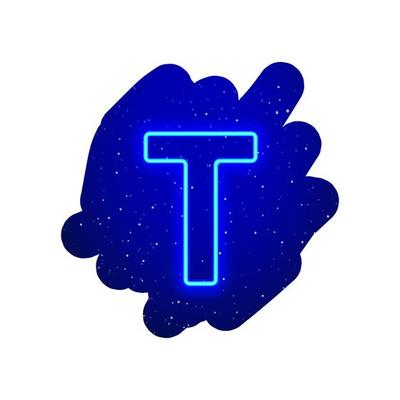 LED blue glow neon font. Realistic neon explosion. Letter T Alphabet of night show among the stars. Vector illustration uppercase font. 3d Render Isolated On White Background.