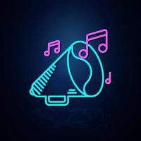 el altavoz de neón y el ícono de la nota musical se ven claros. icono de línea de neón. ícono de entretenimiento y música de karaoke. icono de neón. vector