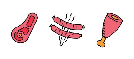 Meat, sausage and thigh meat icon set with bones. Barbecue grill. To collect. these icons contain hot food icons. It is a set of colorful, fine drawings. vector