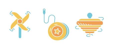 Yoyo, hand grinder and swivel toy icon set. Fun and game icon. Child toy set. Editable row set. Colorful icon set. vector