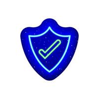 Neon blue security mark with a tick in the middle. Midnight blue. Firewall design with neon. Realistic neon icon. There is mask area on White Background. vector