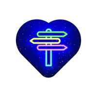 Signpost icon in neon colorful heart. Realistic neon redirect icon. Road side icon in neon heart. Isolated On White Background. vector