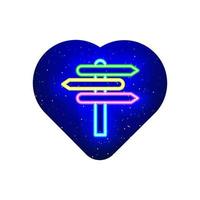 Signpost icon in neon colorful heart. Realistic neon redirect icon. Road side icon in neon heart. Isolated On White Background. vector