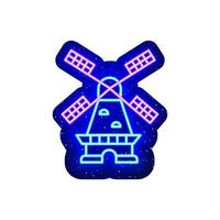 Blue and pink neon Dutch floor mill icon. Midnight blue. Neon ground mill and grinder old dutch architectural design. Realistic neon icon. There is mask area on White Background. vector