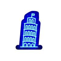 Neon Italy architectural pisa tower design. Blue neon roman tower of pisa building icon. Midnight blue. Leaning building or tilted structure. Realistic neon. There is mask area on White Background. vector