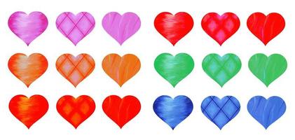 Set of colored watercolor hearts on a white background. Colorful bright red, crimson, blue, pink, green, orange. Valentine's Day, Wedding. Icons, design elements for cards and invitations.