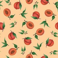 Seamless pattern with peach fruits and leaves on a gentle orange background. Watercolor realistic illustration. For textiles, packaging. photo