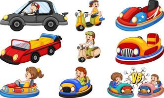 conjunto de niños montando go-kart vector