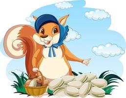 Cute squirrel with basket full of nuts vector