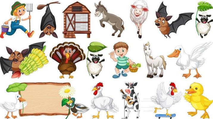 Many farm animals on white background