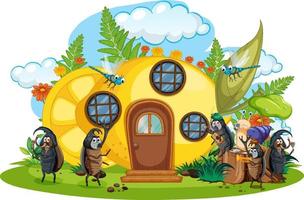 Fantasy lemon house with cartoon beetles vector