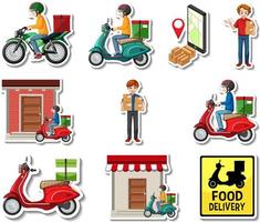 Sticker set of delivery objects and cartoon characters vector