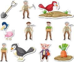 Sticker set of farm objects and farmer cartoon characters vector