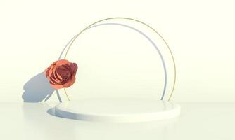 Fondo de representación 3D con flor color de rosa y podio de forma geométrica para exhibición de productos, concepto mínimo. foto