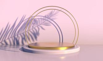 Podium with palm leaves on pastel background. Concept scene stage showcase for product, promotion, sale, banner, presentation, cosmetic. Minimal showcase empty mock up. 3d photo